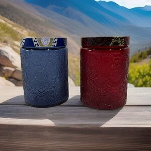 2 Voluspa EMPTY Large Embossed Decorative Glass Jars for 18oz Candle Red Blue